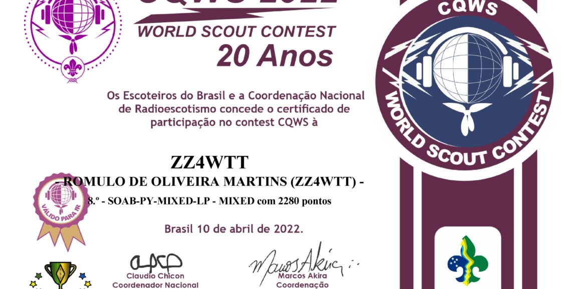 Certificado cqws 2022 8º lugar allband mix (ssb e cw) zz4wtt
