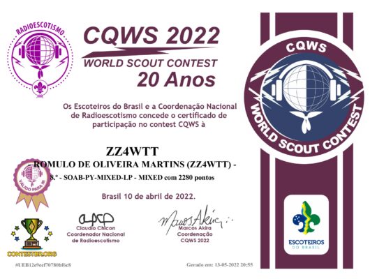 Certificado Cqws 2022 8º Lugar Allband Mix (ssb E Cw) Zz4wtt