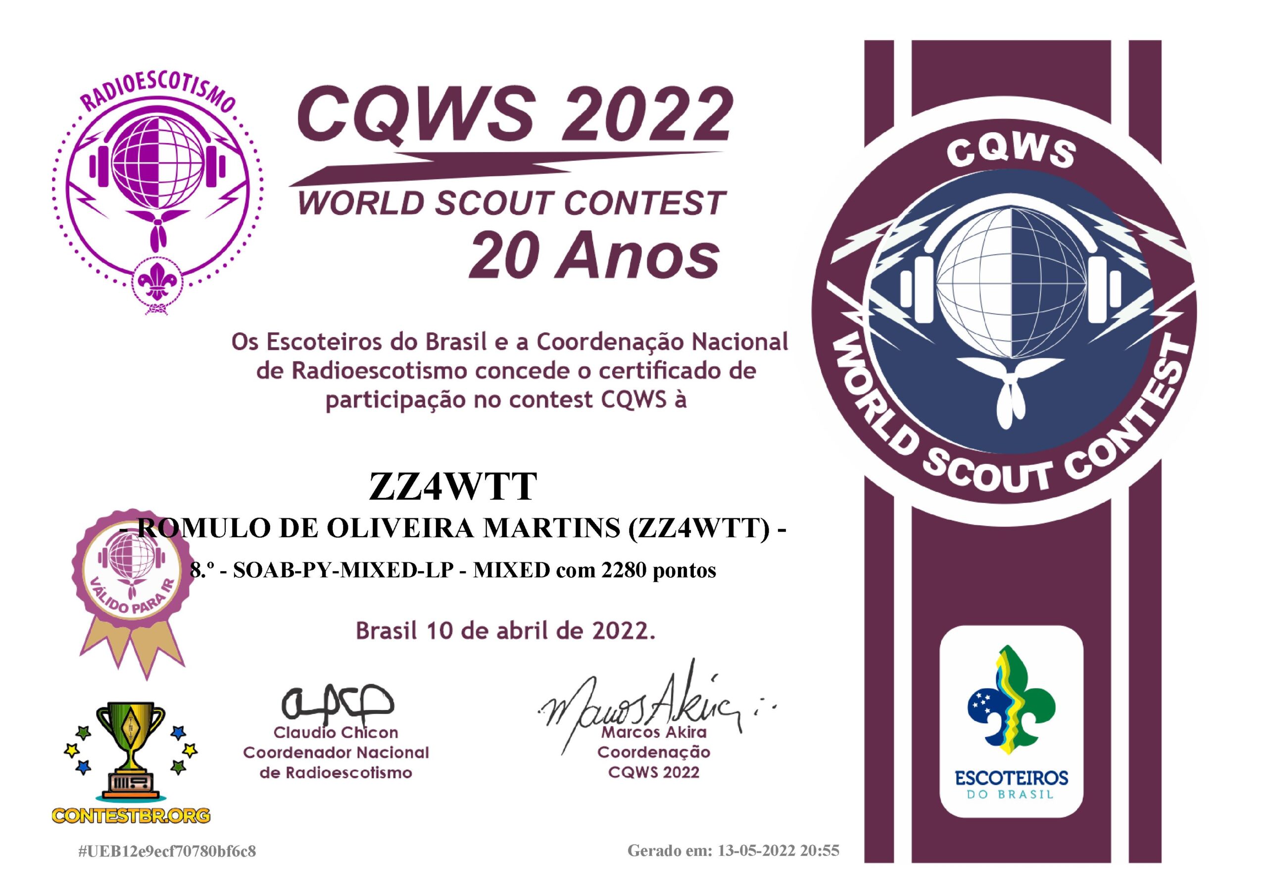 Certificado CQWS-2022 - 8º lugar ALLBAND MIX (SSB e CW) ZZ4WTT