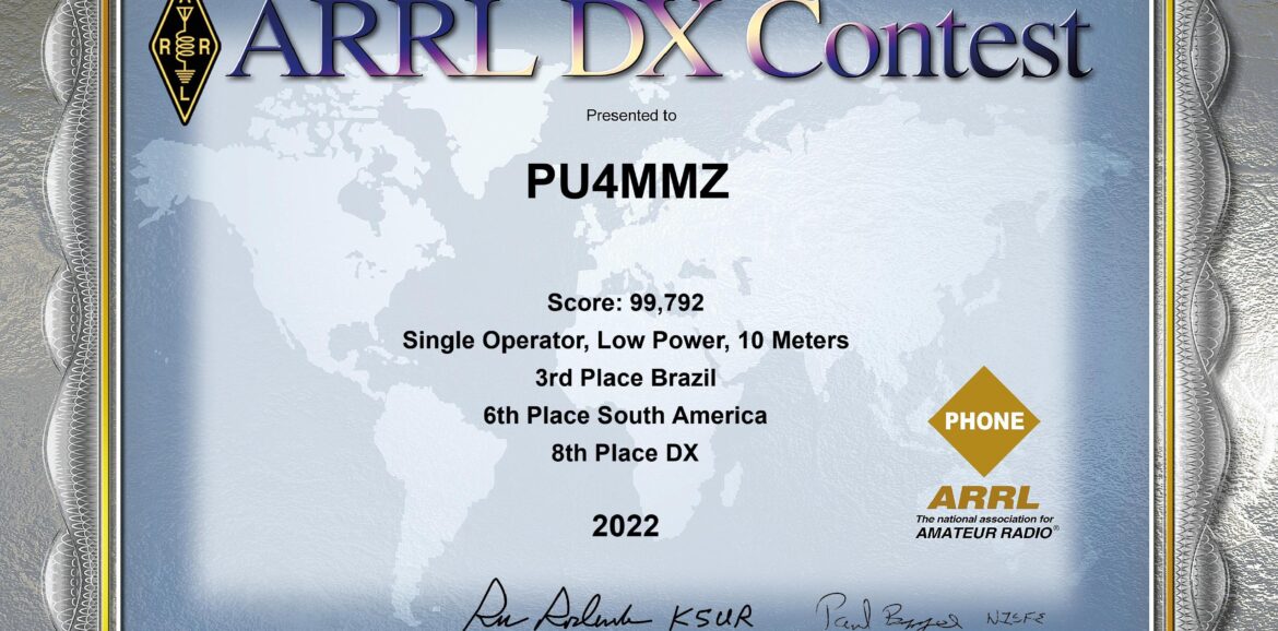 Certificado 3rd Brazil, 6th South America, 8th Place Dx Pu4mmz Arrl Dx Contest 2022