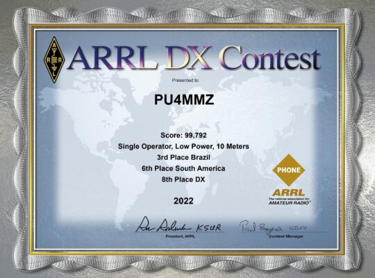 Certificado 3rd Brazil, 6th South America, 8th Place Dx Pu4mmz Arrl Dx Contest 2022