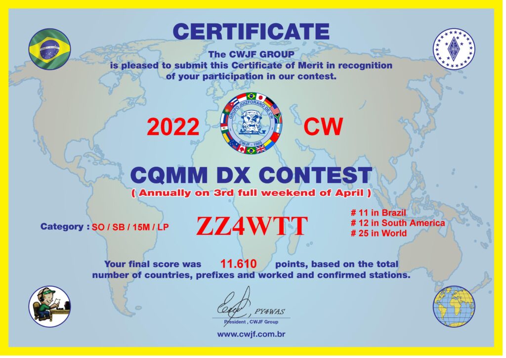 CQ MM CW CONTEST 2022 —CERTIFICADO– (ZZ4WTT) – PU4MMZ HamRadio